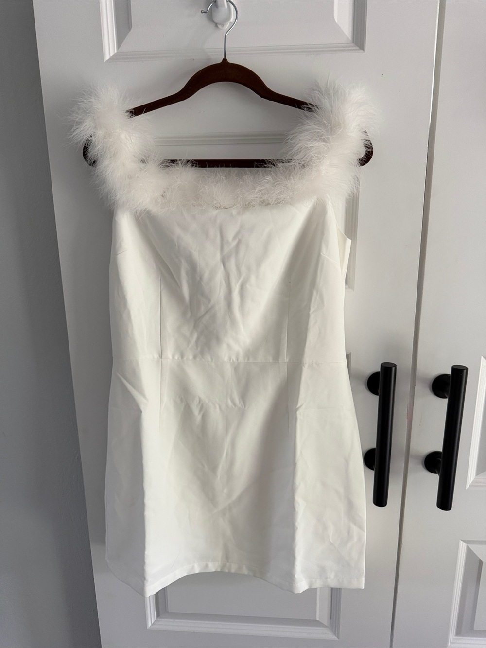 White Feather-Trim Mini Dress